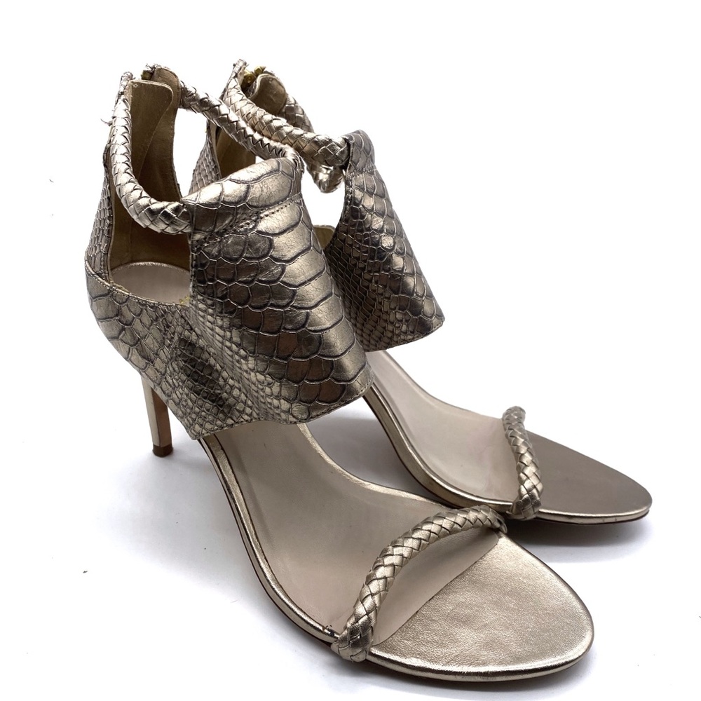 Gold Snakeskin Cole Haan Ankle Wrap Open Toe High Heel Sandals Size 9B.